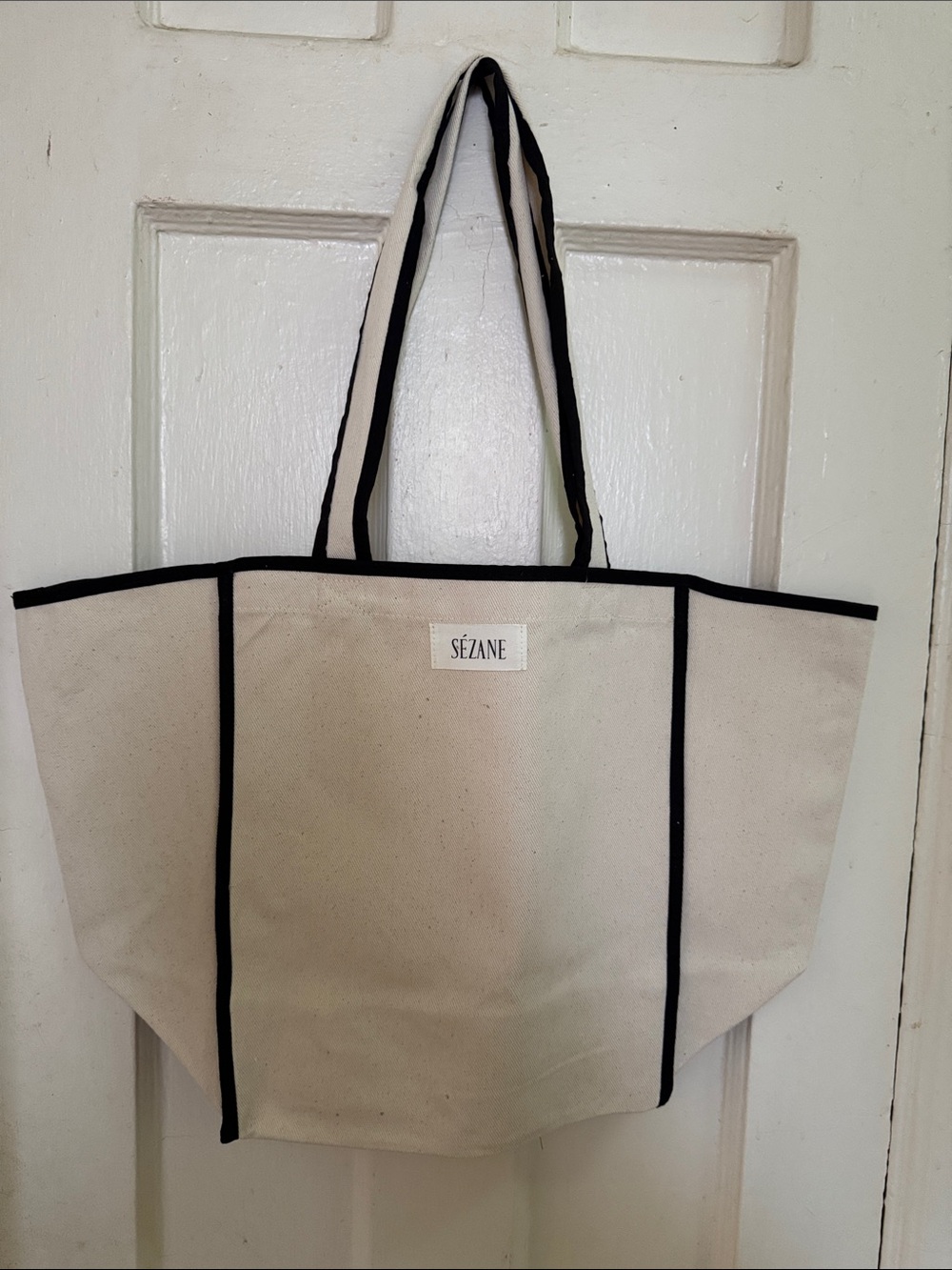 Sezane Cream Canvas Tote Bag with Black Trim